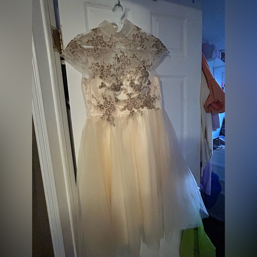 Gold collar neck midi tulle dress